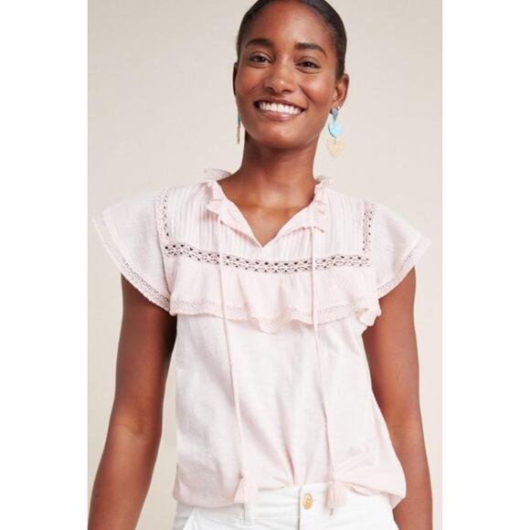 By Anthropologie Pintuck Lace Ruffle Jimson Top Light Pink Womens XS - Picture 1 of 7